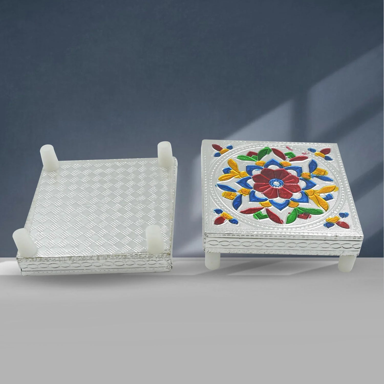 1 Pc Meenakari Wooden Chowki & Bajot Set: For Home & Office Puja (Multicolor) 1 Pc Meenakari Wooden Chowki & Bajot Set: For Home & Office Puja (Multicolor)